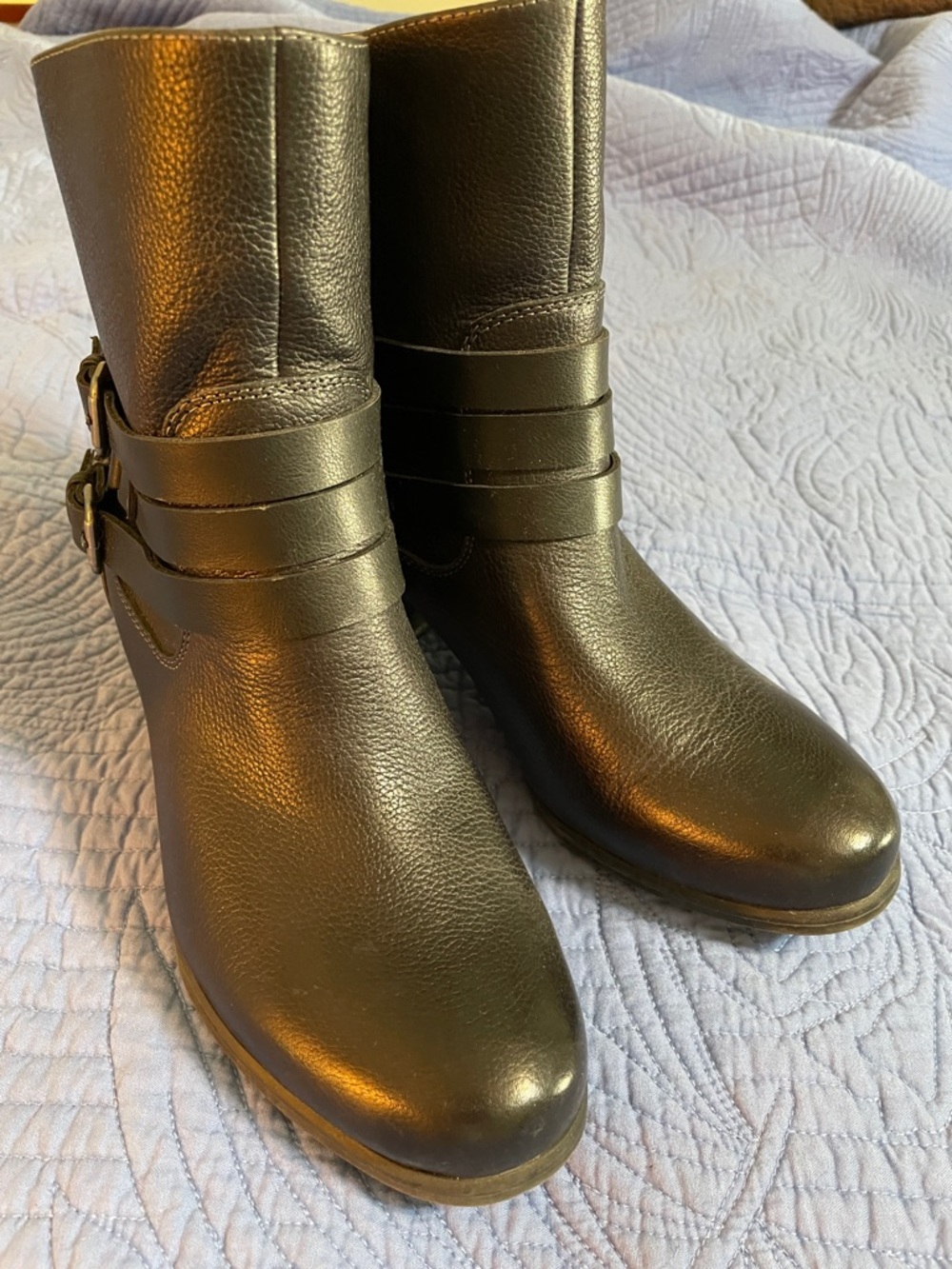 Naturalizer Black Leather Mid-Calf Heeled Boots with Buckle Straps